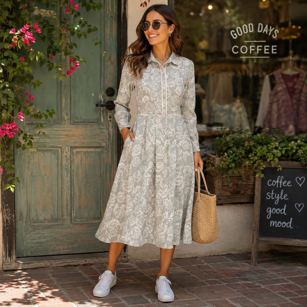 Downeast Sage Green Floral Long Sleeve Shirt Dress Size Small Pleated Skirt